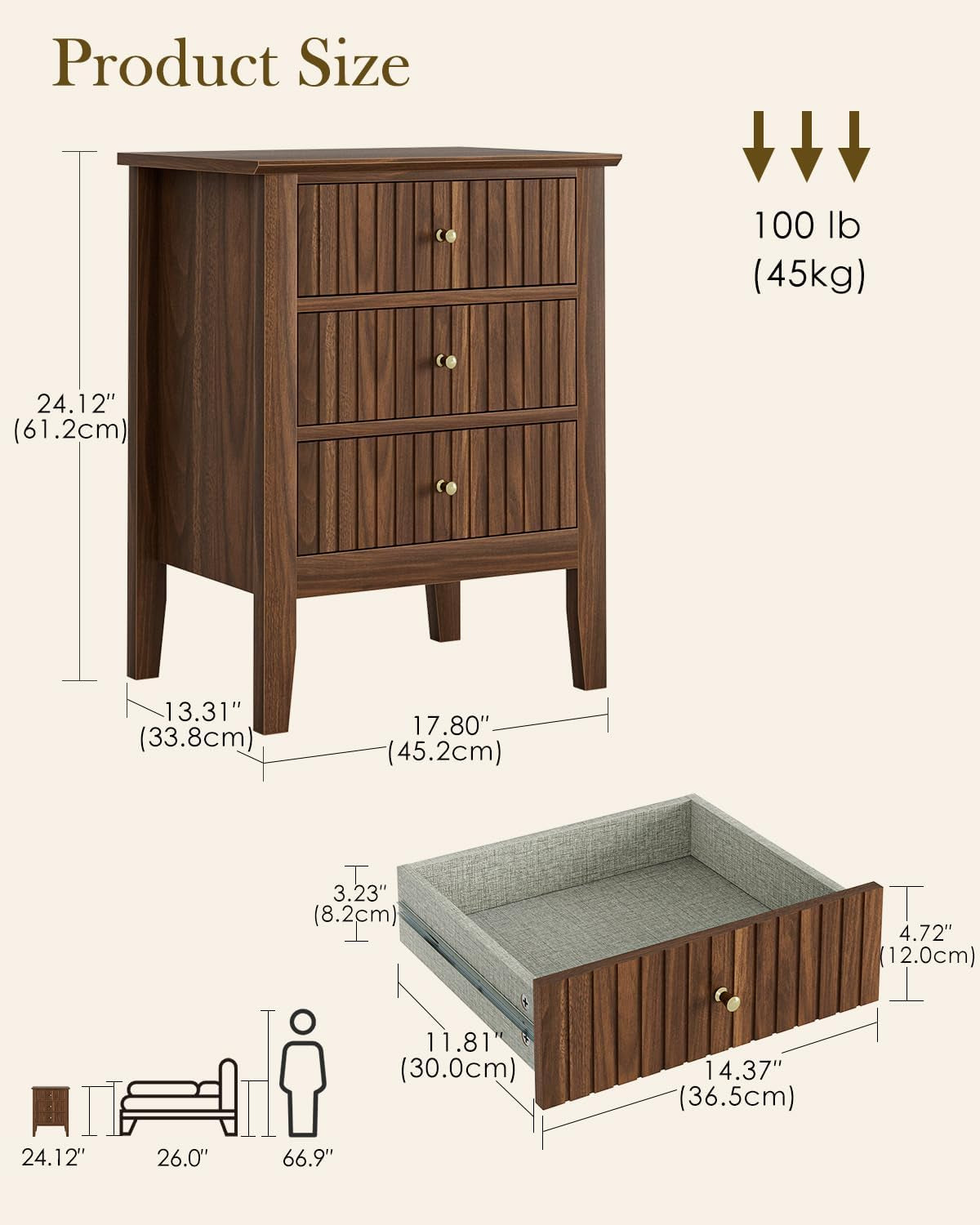 Night Stand, Fluted Nightstand Bedside Tall Farmhouse Nightstand with 3 Drawers,