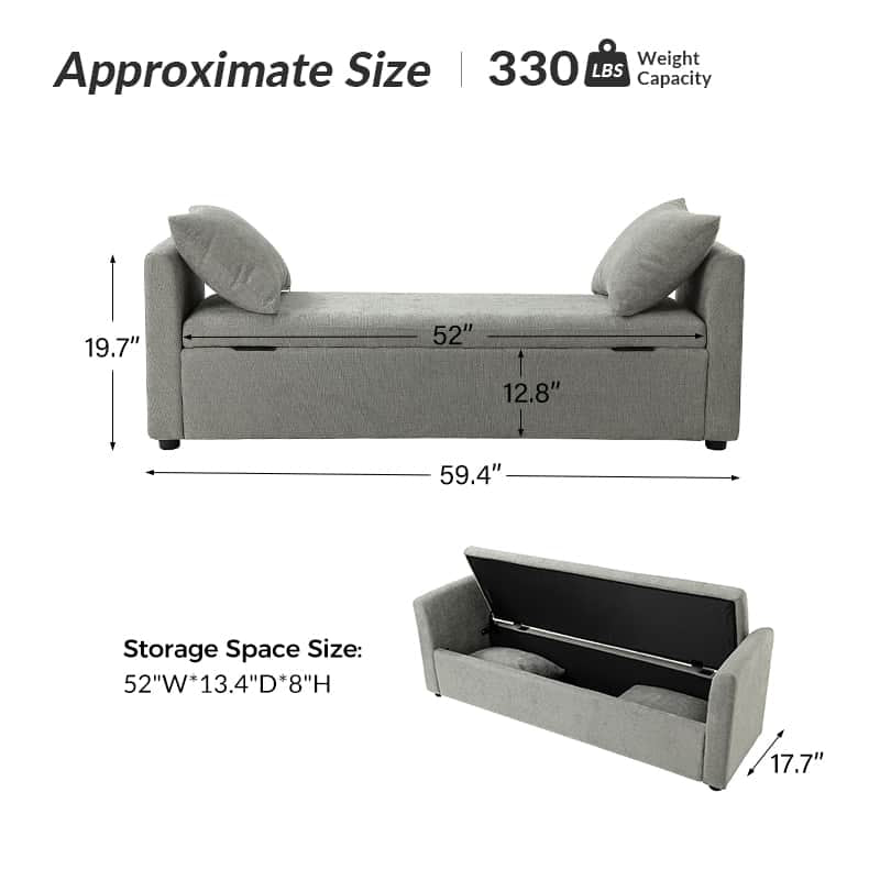 Benito 59.4" Wide End of Bed Storage Couch Bench with Two Throw Pillows