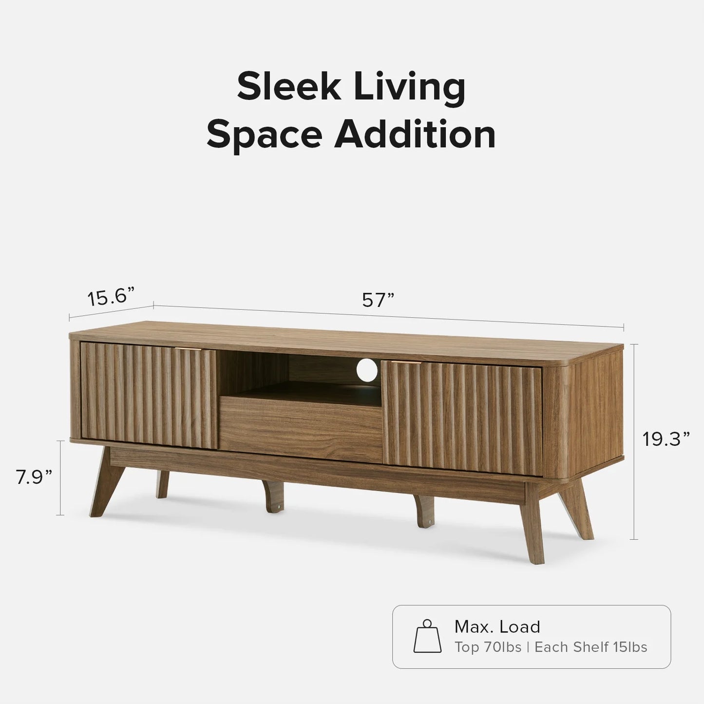 Brooklyn Mid-Century Modern 57" TV Stand for Tvs up to 59”, Fluted Panel, Sturdy Legs (Walnut)