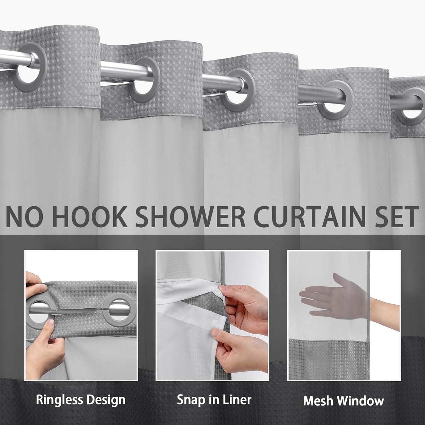 No Hook Shower Curtain with Snap in Liner Set Less Time Grey Waffle Shower Curta