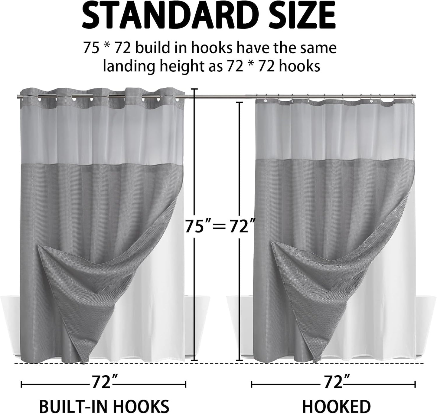 No Hook Shower Curtain with Snap in Liner Set Less Time Grey Waffle Shower Curta