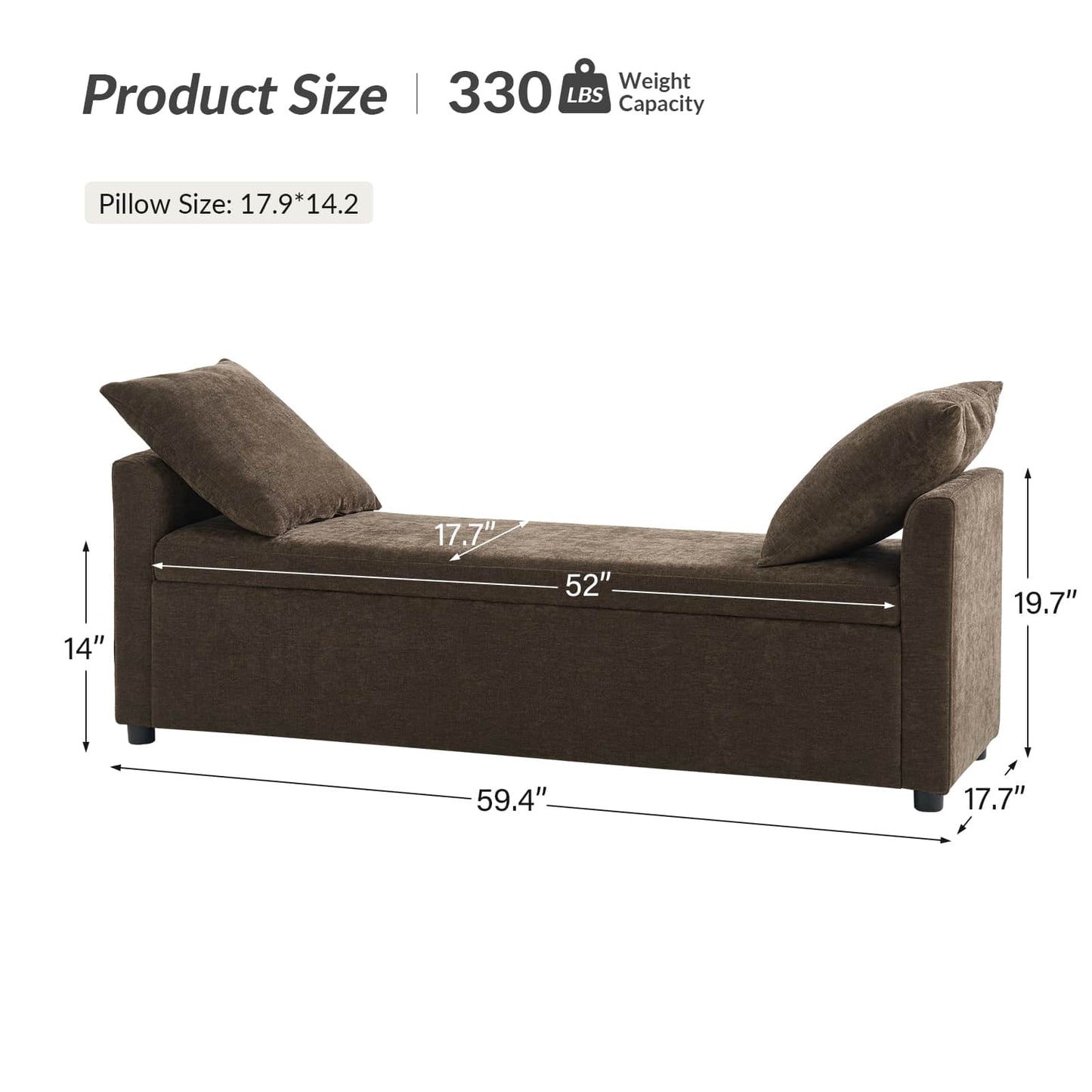 Benito 59.4" Wide End of Bed Storage Couch Bench with Two Throw Pillows