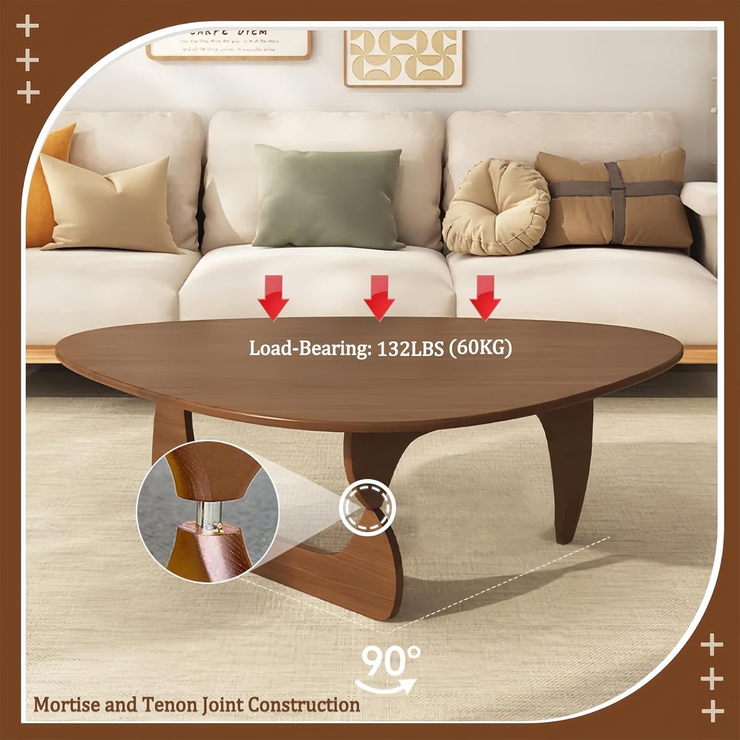 Wood Coffee Table, Mid Century Modern Triangle Coffee Table for Living Room, Rus