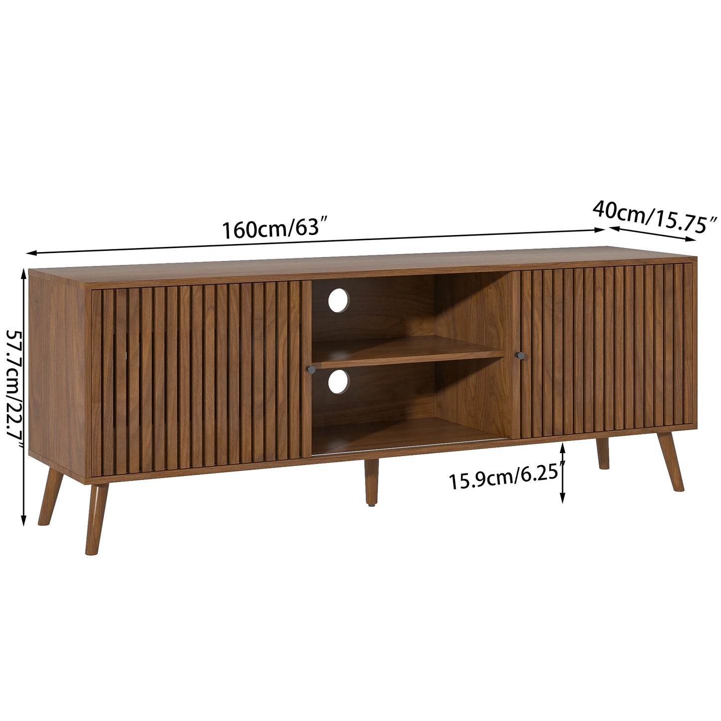 Mid-Century Modern TV Stand for Tvs up to 70”, Sliding Door Wood Entertainment Center with Storage, Walnut
