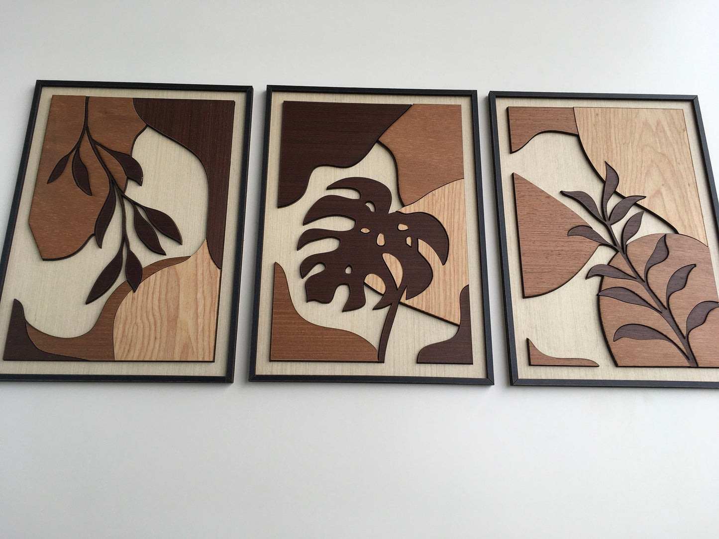 Tropical Leaf Wood Wall Art - Botanical Plant Wall Decor - Tree Art - Mid Century Modern Wall Art - Boho Room - Bauhaus Art (Set of 3)