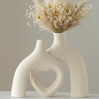 Modern Ceramic Heart-Shaped Abstract Vase | Minimalist Boho Home Decor for Living Room Shelf and Table Centerpiece (Milky White)