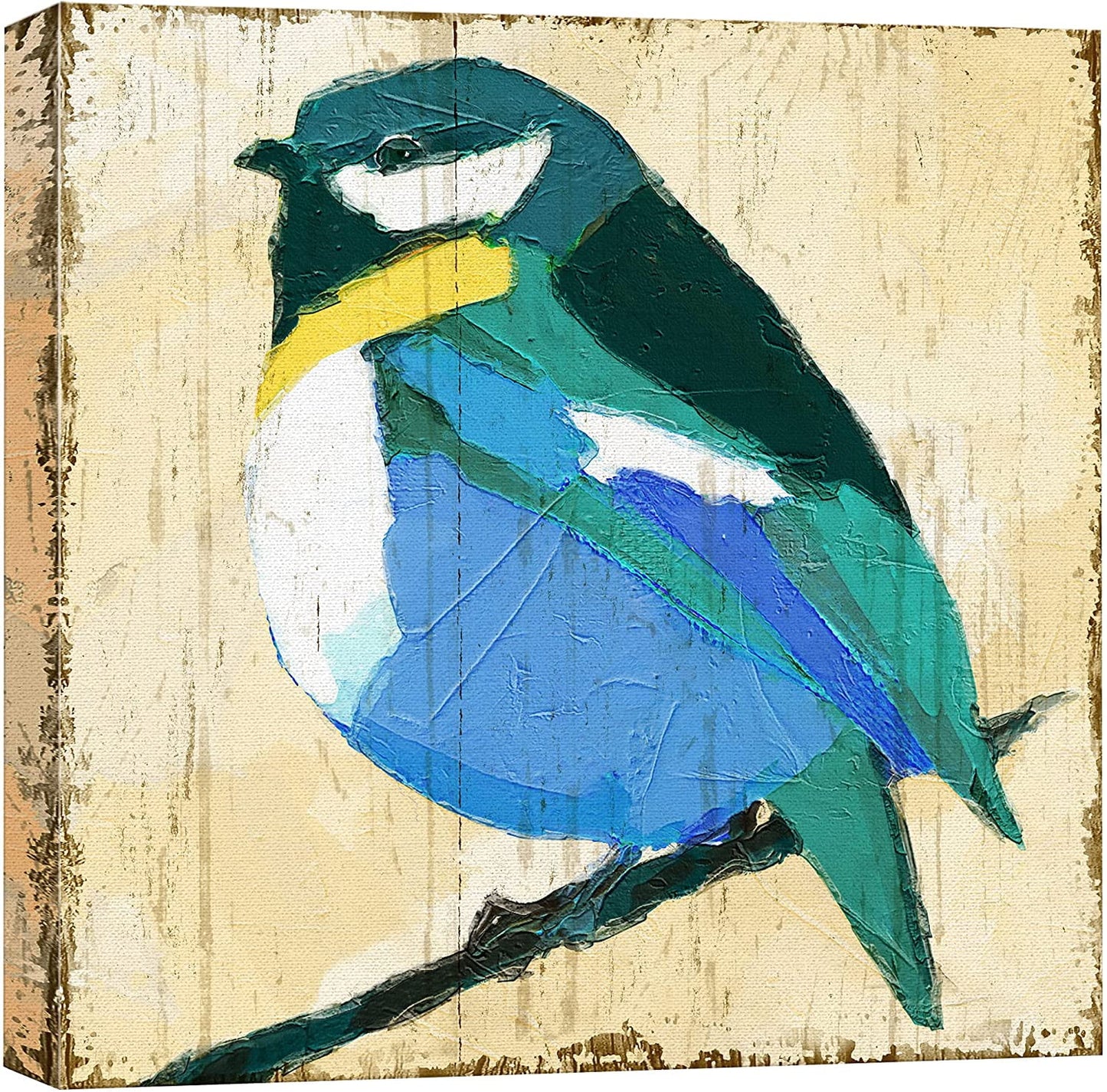 Canvas Print Wall Art Geometric Style Blue & Yellow Robin Birds Wildlife Illustrations Modern Art Rustic Closeup Colorful Multicolor Ultra for Living Room, Bedroom, Office - 24"X24"