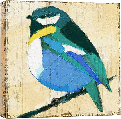 Canvas Print Wall Art Geometric Style Blue & Yellow Robin Birds Wildlife Illustrations Modern Art Rustic Closeup Colorful Multicolor Ultra for Living Room, Bedroom, Office - 24"X24"