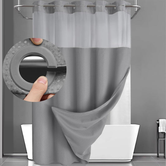 No Hook Shower Curtain with Snap in Liner Set Less Time Grey Waffle Shower Curta