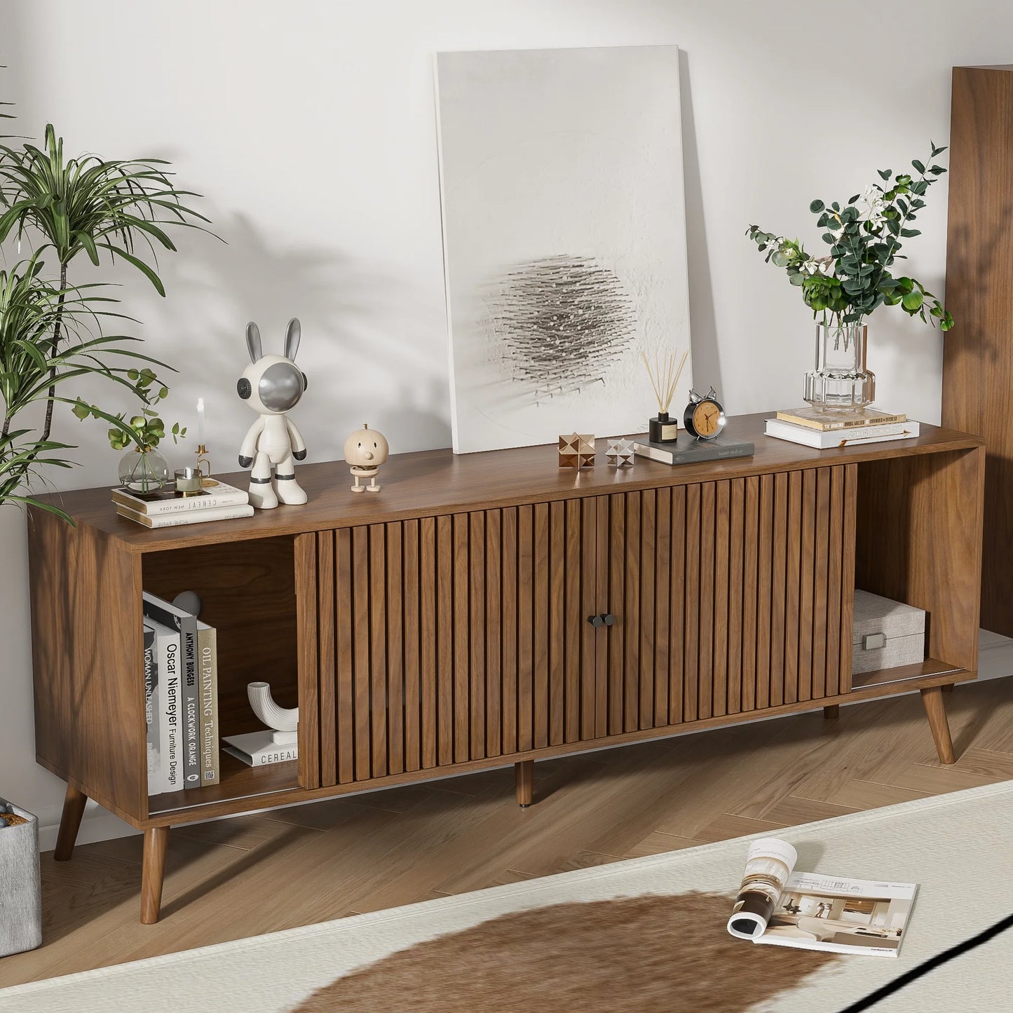 Mid-Century Modern TV Stand for Tvs up to 70”, Sliding Door Wood Entertainment Center with Storage, Walnut