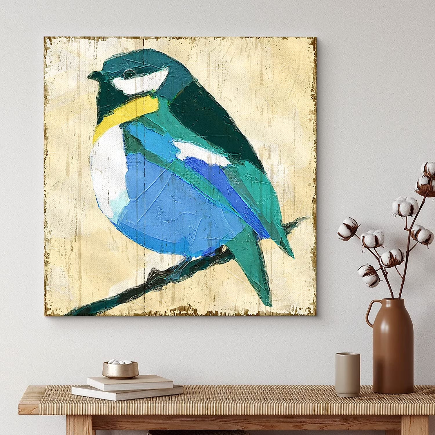 Canvas Print Wall Art Geometric Style Blue & Yellow Robin Birds Wildlife Illustrations Modern Art Rustic Closeup Colorful Multicolor Ultra for Living Room, Bedroom, Office - 24"X24"