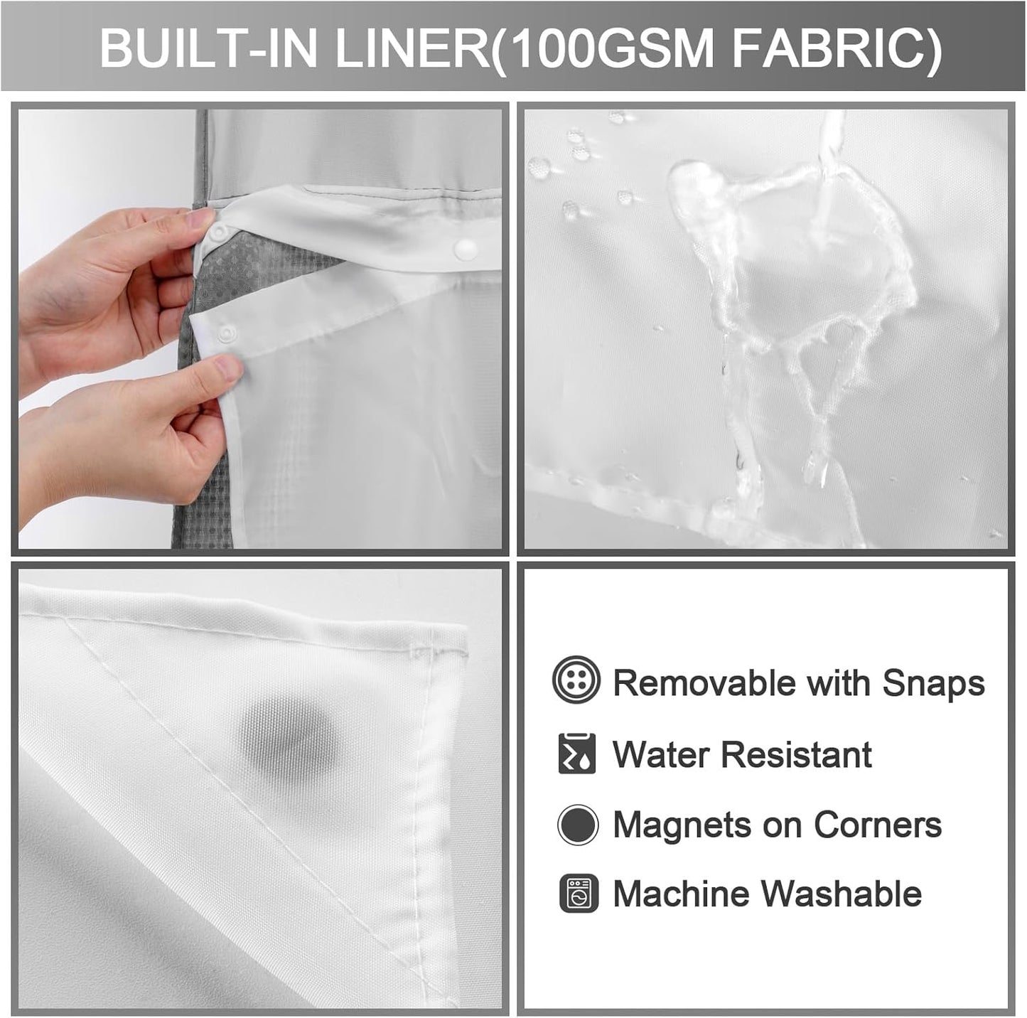 No Hook Shower Curtain with Snap in Liner Set Less Time Grey Waffle Shower Curta