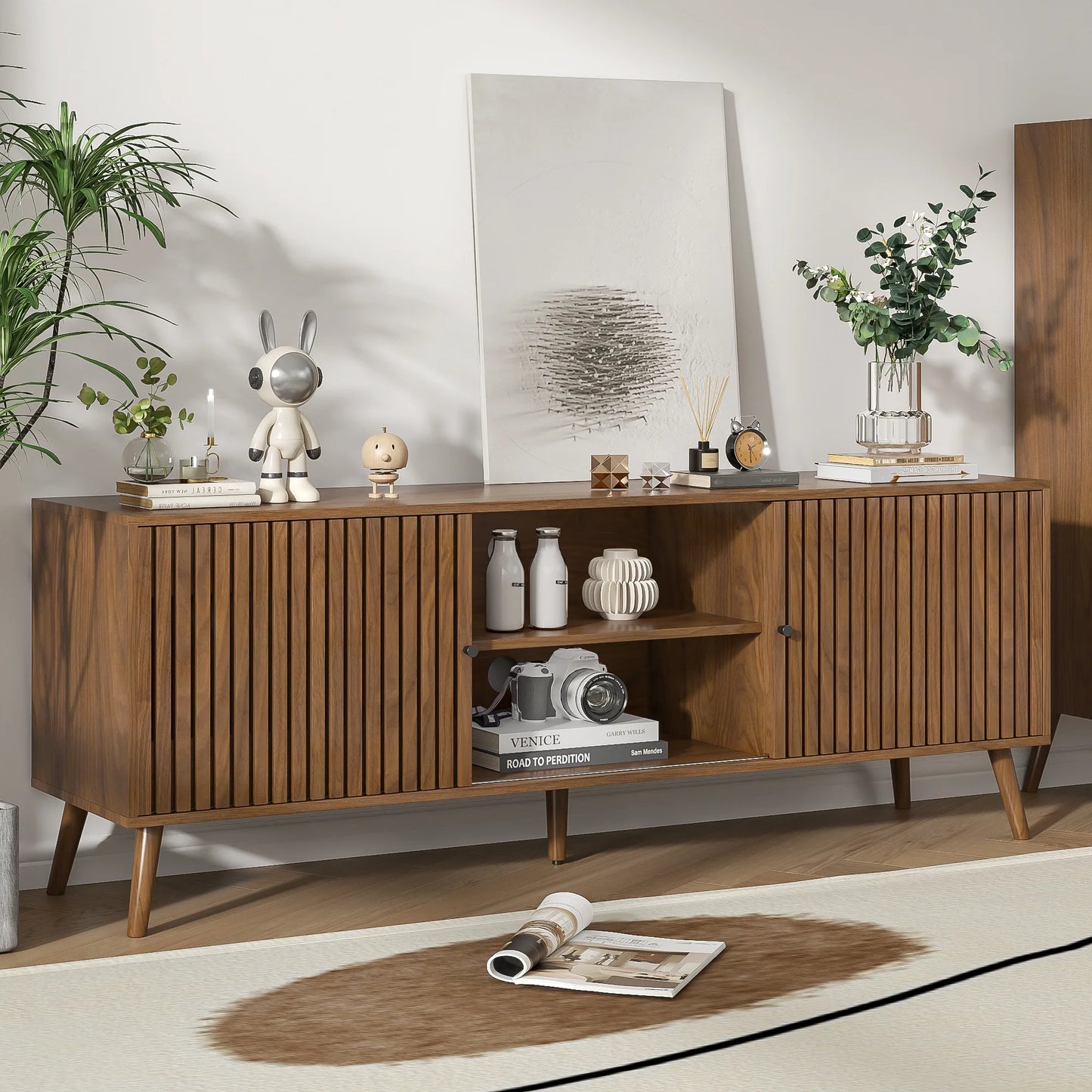 Mid-Century Modern TV Stand for Tvs up to 70”, Sliding Door Wood Entertainment Center with Storage, Walnut