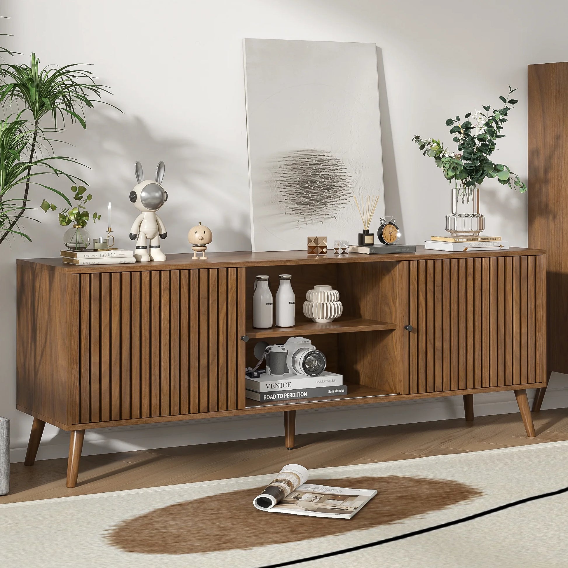Mid-Century Modern TV Stand for Tvs up to 70”, Sliding Door Wood Entertainment Center with Storage, Walnut
