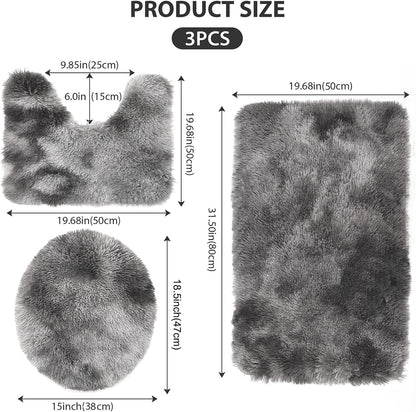3 Piece Thicken 0.4" Bath Rugs Set, Bath Rug, Contour Mat, Toilet Seat Cover, Super Long Soft Microfiber Water Absorbent and Non Slip Bathroom Rugs with PVC Point Rubber Backing (Grey)