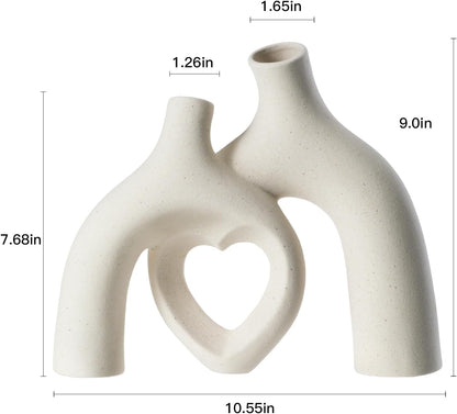 Modern Ceramic Heart-Shaped Abstract Vase | Minimalist Boho Home Decor for Living Room Shelf and Table Centerpiece (Milky White)