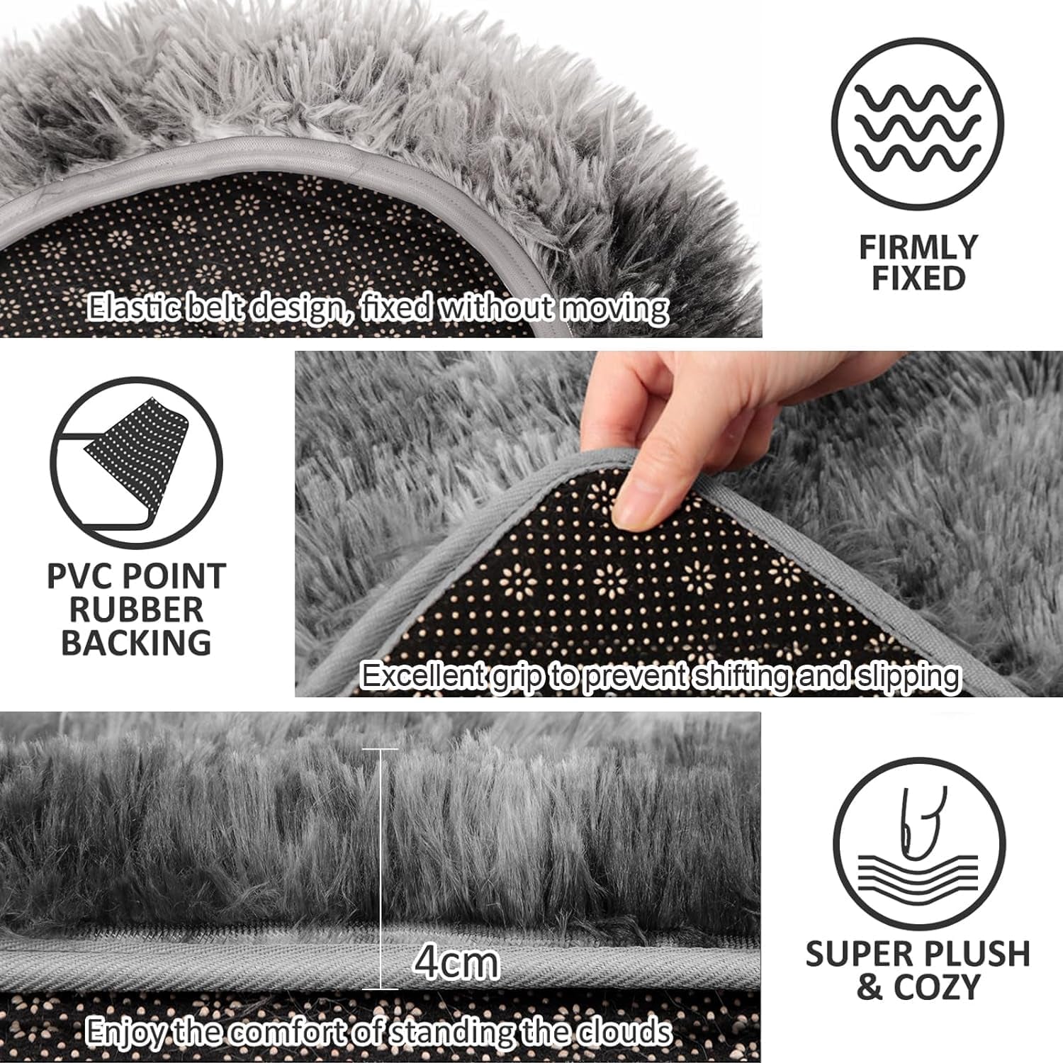 3 Piece Thicken 0.4" Bath Rugs Set, Bath Rug, Contour Mat, Toilet Seat Cover, Super Long Soft Microfiber Water Absorbent and Non Slip Bathroom Rugs with PVC Point Rubber Backing (Grey)