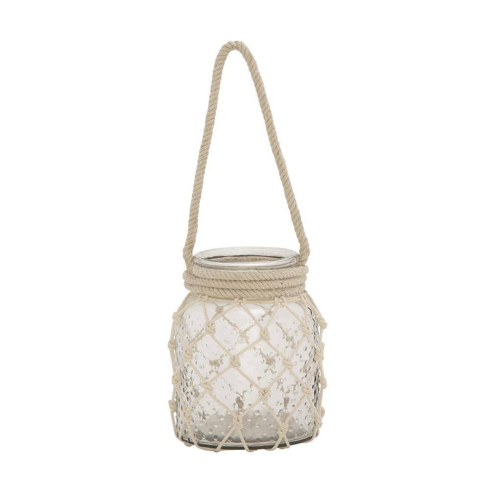 18 In. H Clear Glass Decorative Candle Lantern with Rope Handle