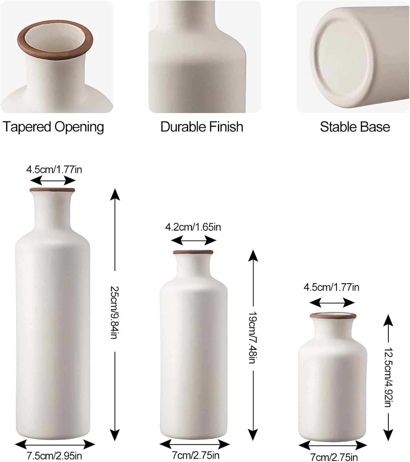 Set of 3 Rustic Ceramic Vases for Modern Farmhouse Decor, Ideal for Living Room Centerpieces, Table, Bookshelf, Mantel, and Entryway (White)