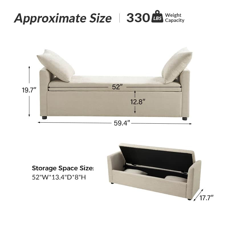 Benito 59.4" Wide End of Bed Storage Couch Bench with Two Throw Pillows