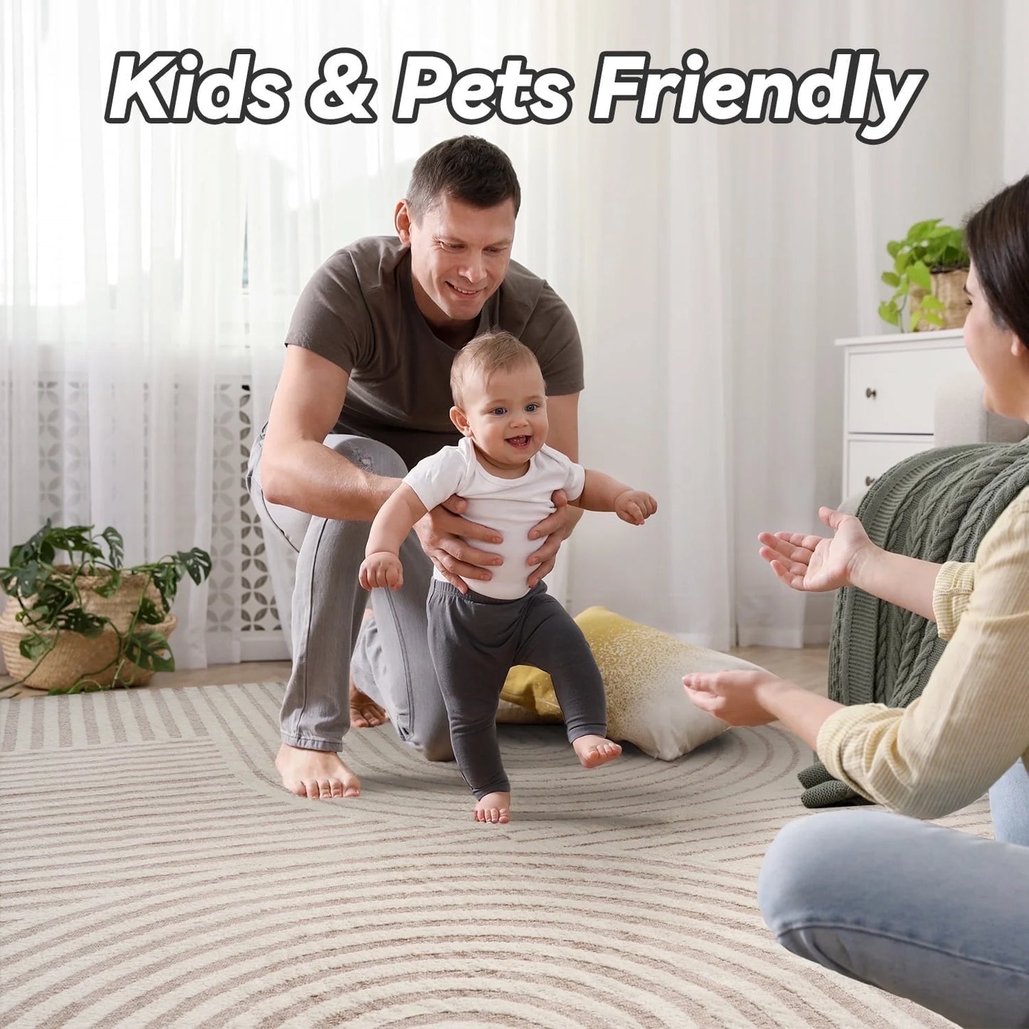 6'X9' Area Rugs for Living Room Jacquard Textured Modern Rugs Soft Geometric Rug for Bedroom Mid Century Washable Rug Non-Slip Bohemian Carpet Perfect for Dining Room Office Beige