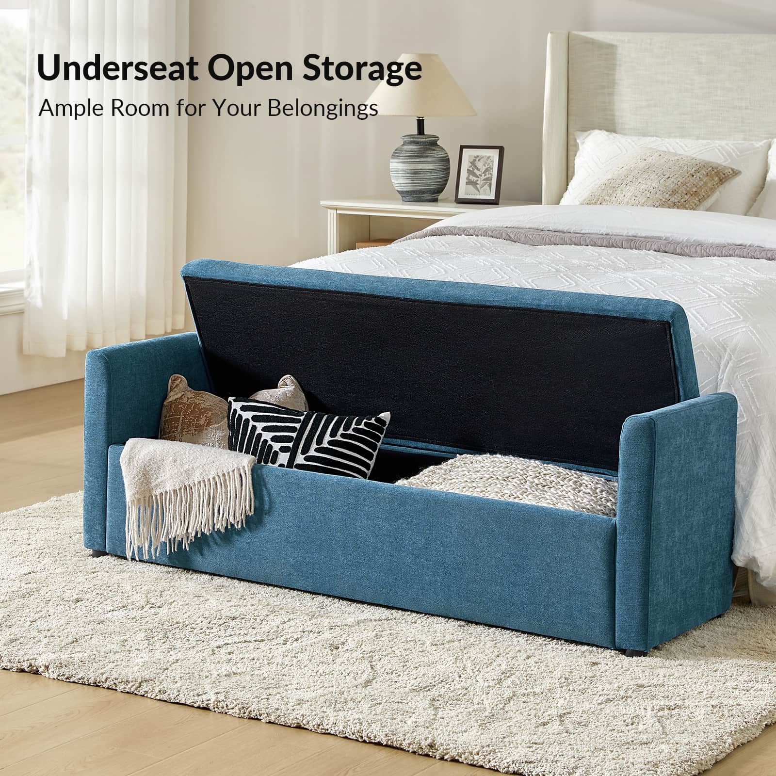 Benito 59.4" Wide End of Bed Storage Couch Bench with Two Throw Pillows
