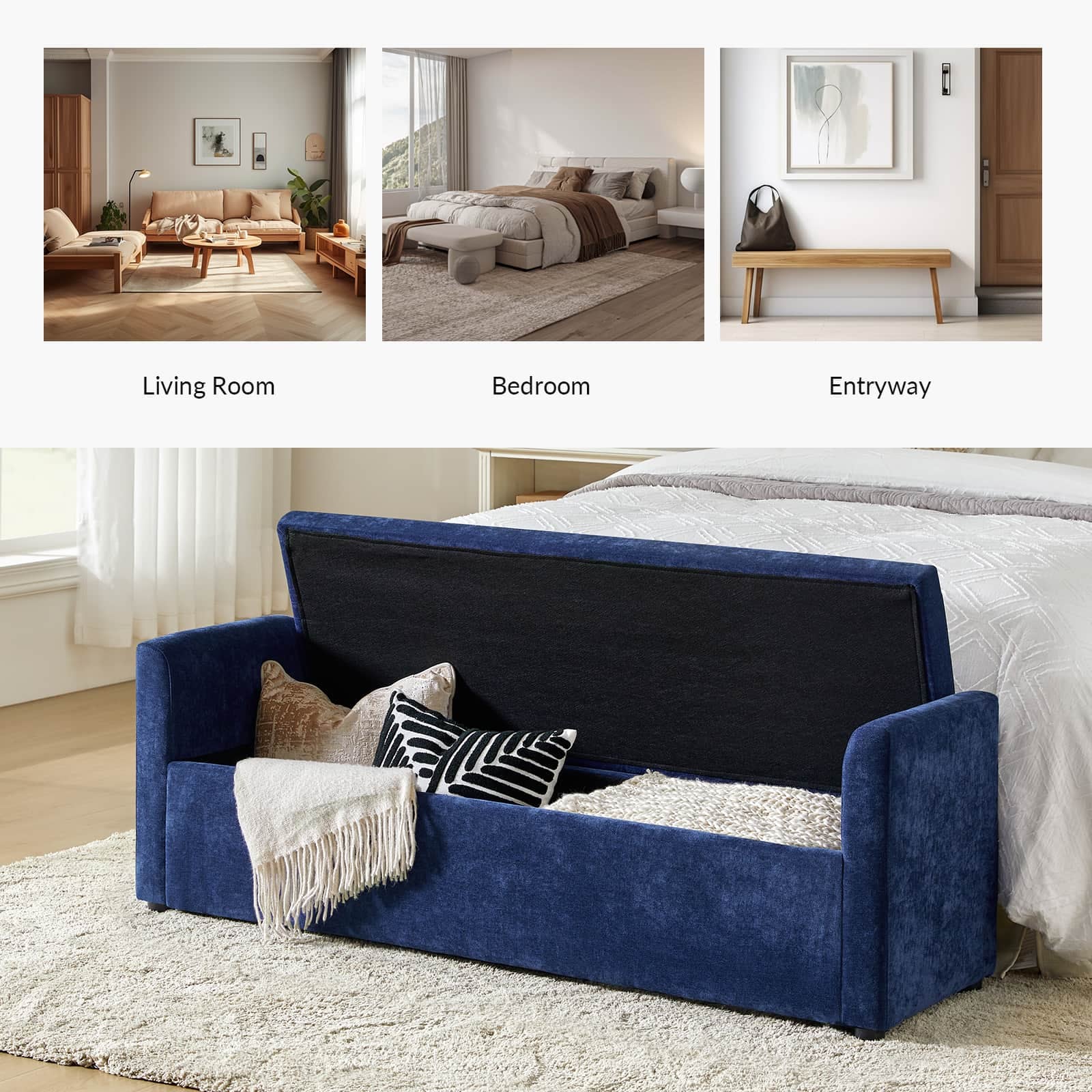 Benito 59.4" Wide End of Bed Storage Couch Bench with Two Throw Pillows