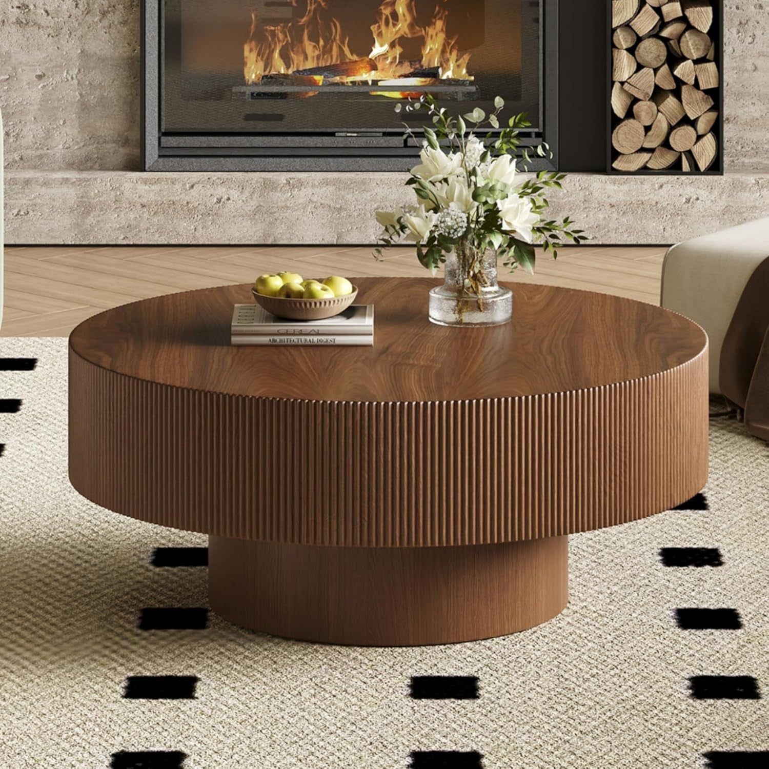 Contemporary Round Coffee Table with Durable Base in Walnut Finish | Wood Center Table for Living Room, Office, and Reception Area, Easy Assembly