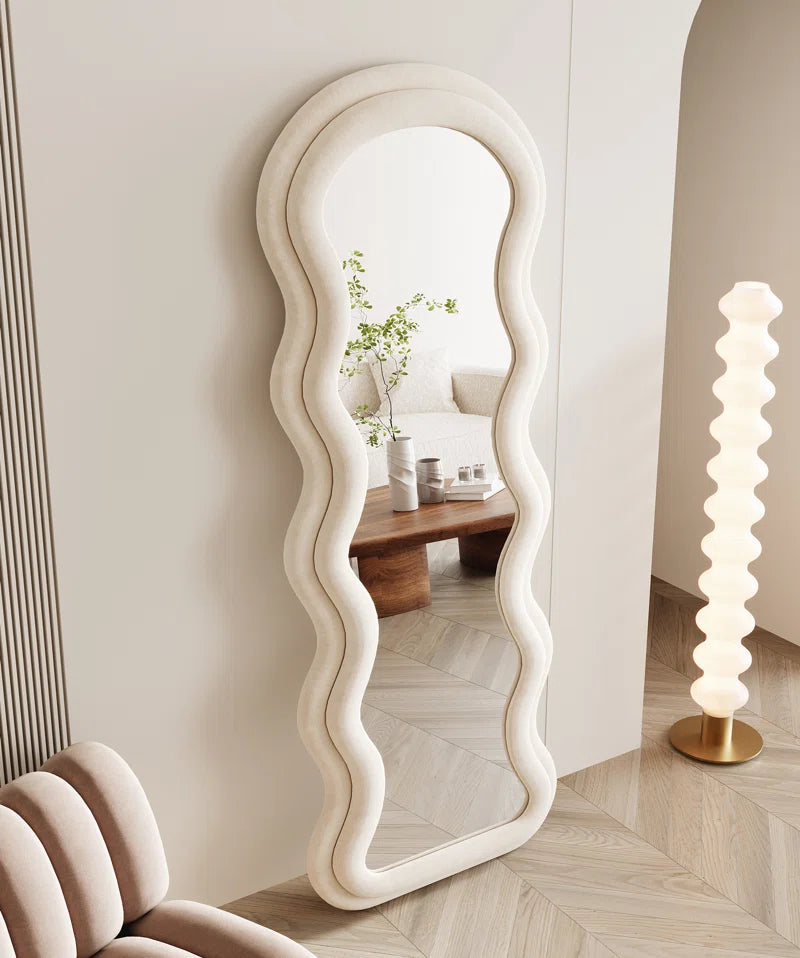 Christye Full Length Mirror 63"X24", Irregular Wavy Mirror, Arched Floor Mirror, Wall Mirror Standing Hanging or Leaning against Wall for Bedroom, Flannel Wrapped Wooden Frame Mirror