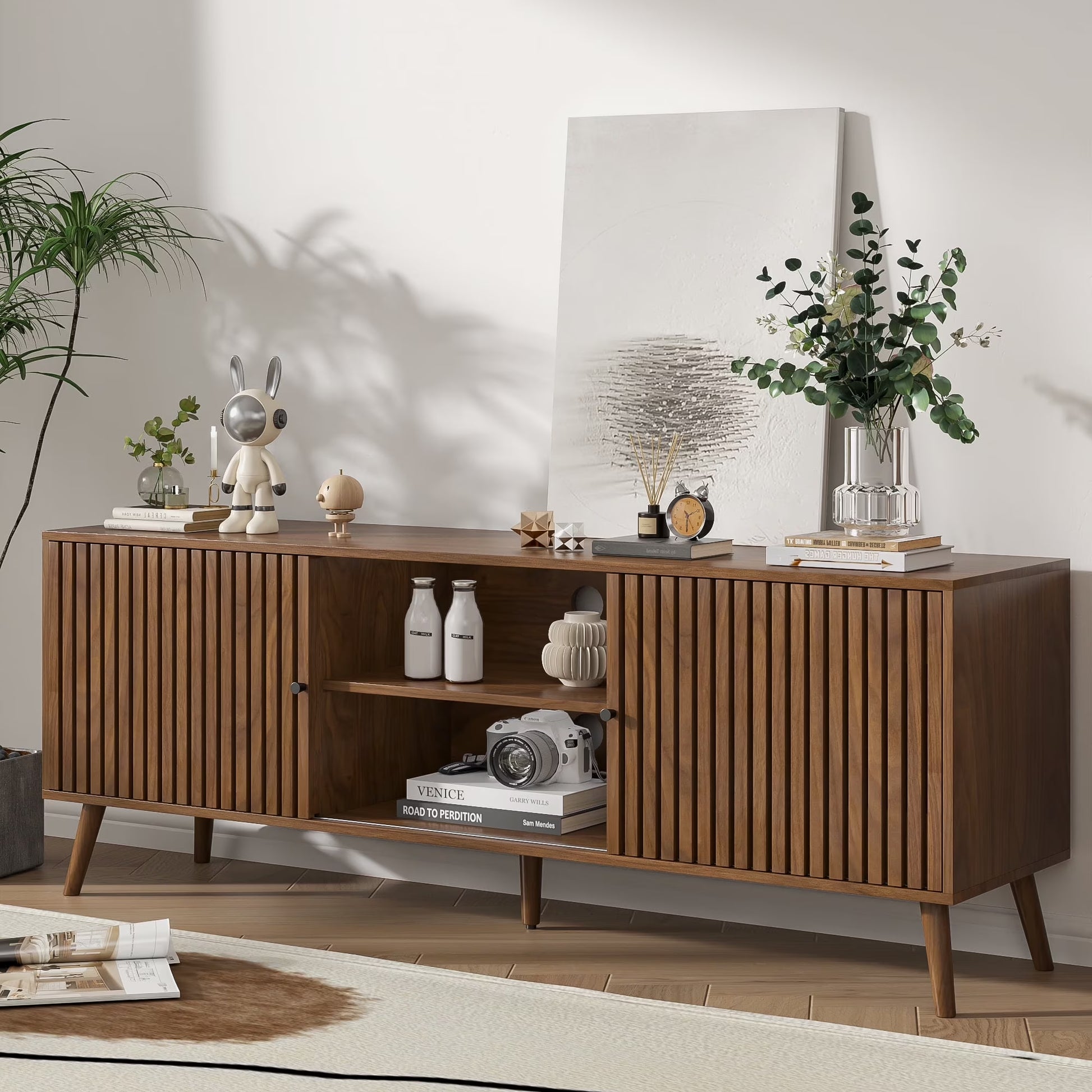 Mid-Century Modern TV Stand for Tvs up to 70”, Sliding Door Wood Entertainment Center with Storage, Walnut