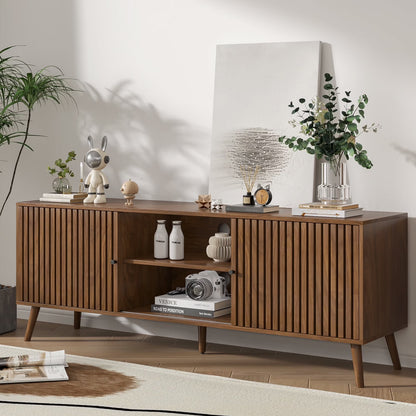 Mid-Century Modern TV Stand for Tvs up to 70”, Sliding Door Wood Entertainment Center with Storage, Walnut