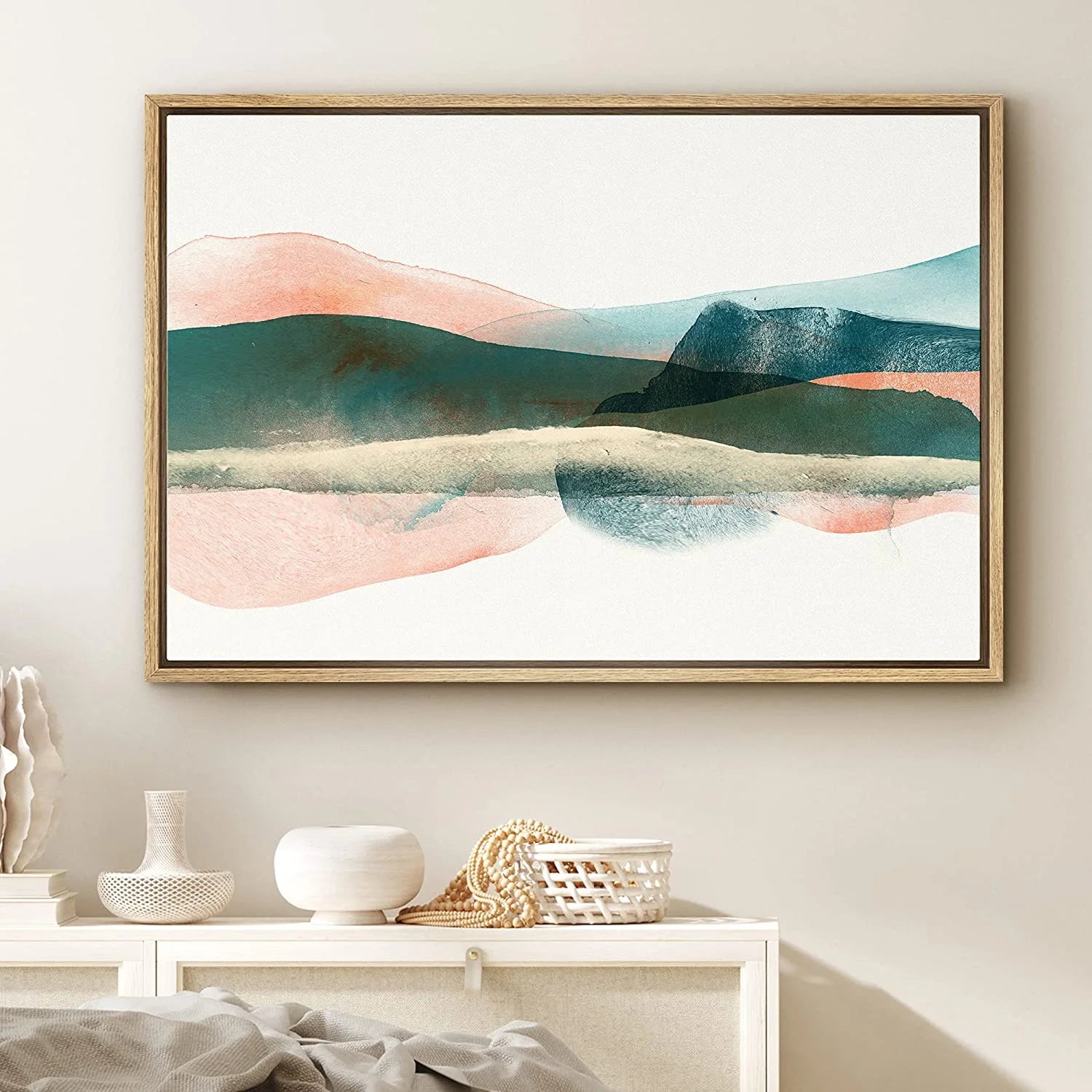 Framed Canvas Print Wall Art Abstract Green Watercolor Hills Nature Wilderness Illustrations Modern Art Contemporary Scenic Colorful for Living Room, Bedroom, Office - 16"X24" Natural