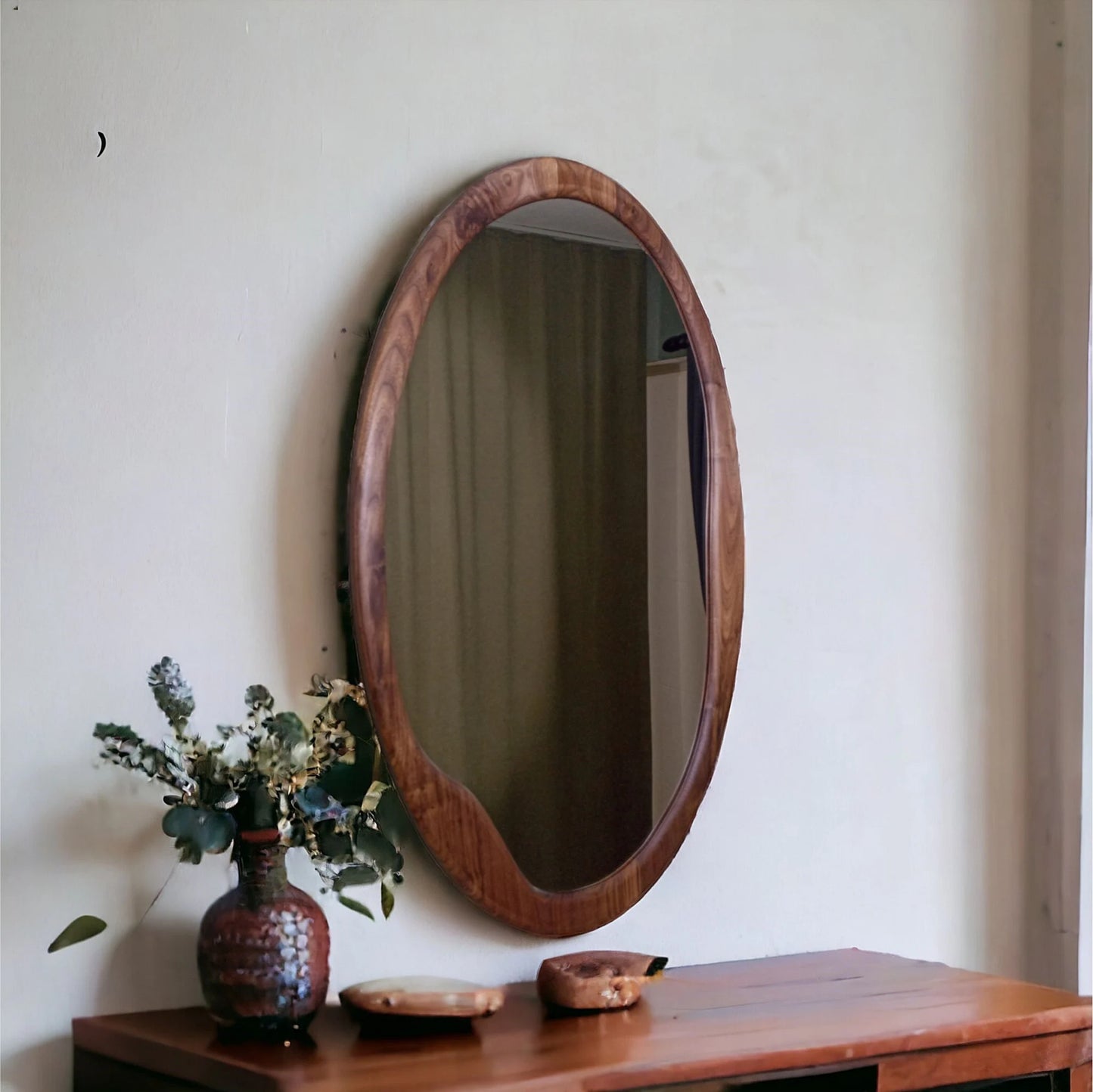 Oval Mid Century Mirror Decor, Organic White Oak or Walnut Mirror,