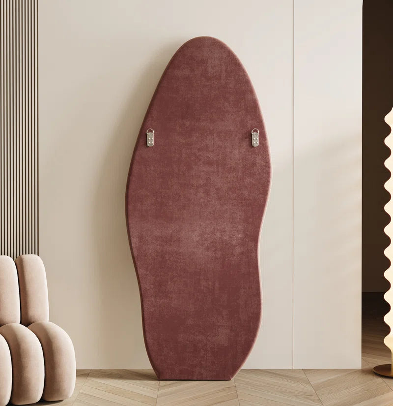 Full Length Mirror 63"X24", Irregular Wavy Mirror, Arched Floor Mirror, Wall Mirror Standing Hanging or Leaning against Wall for Bedroom, Flannel Wrapped Wooden Frame Mirror