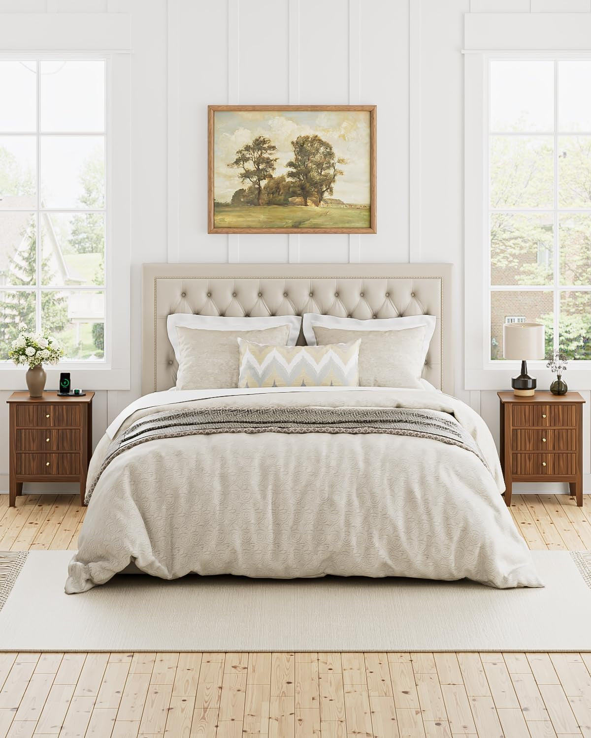 Night Stand, Fluted Nightstand Bedside Tall Farmhouse Nightstand with 3 Drawers,