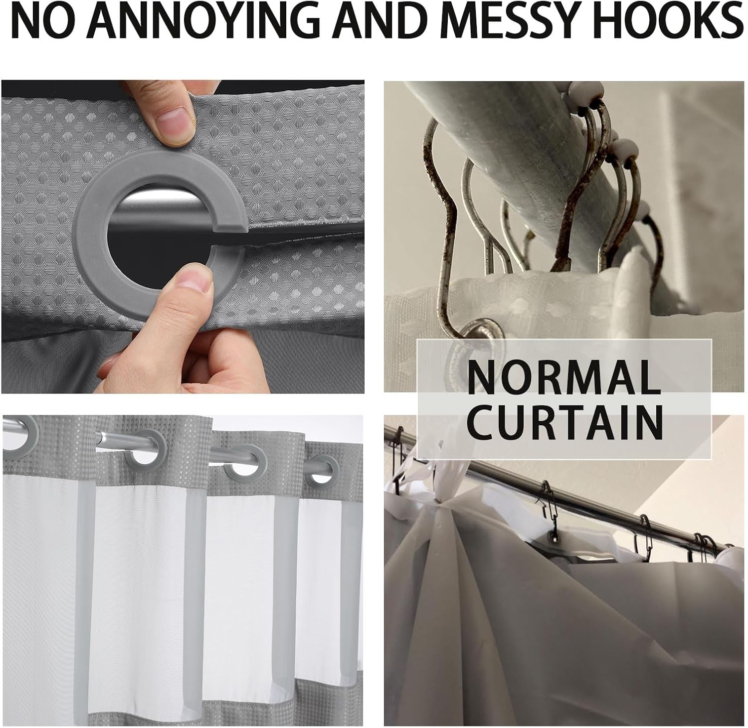 No Hook Shower Curtain with Snap in Liner Set Less Time Grey Waffle Shower Curta