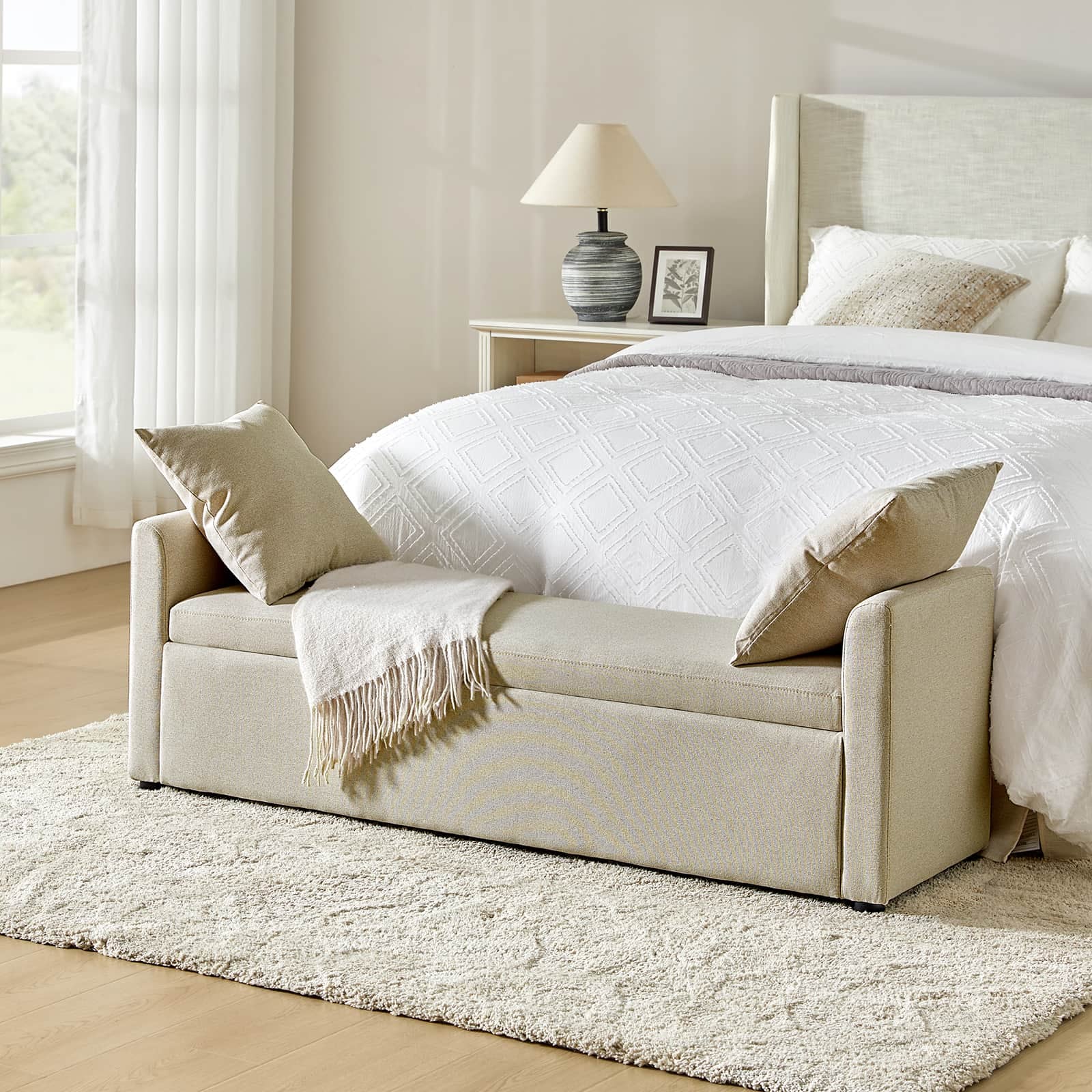 Benito 59.4" Wide End of Bed Storage Couch Bench with Two Throw Pillows