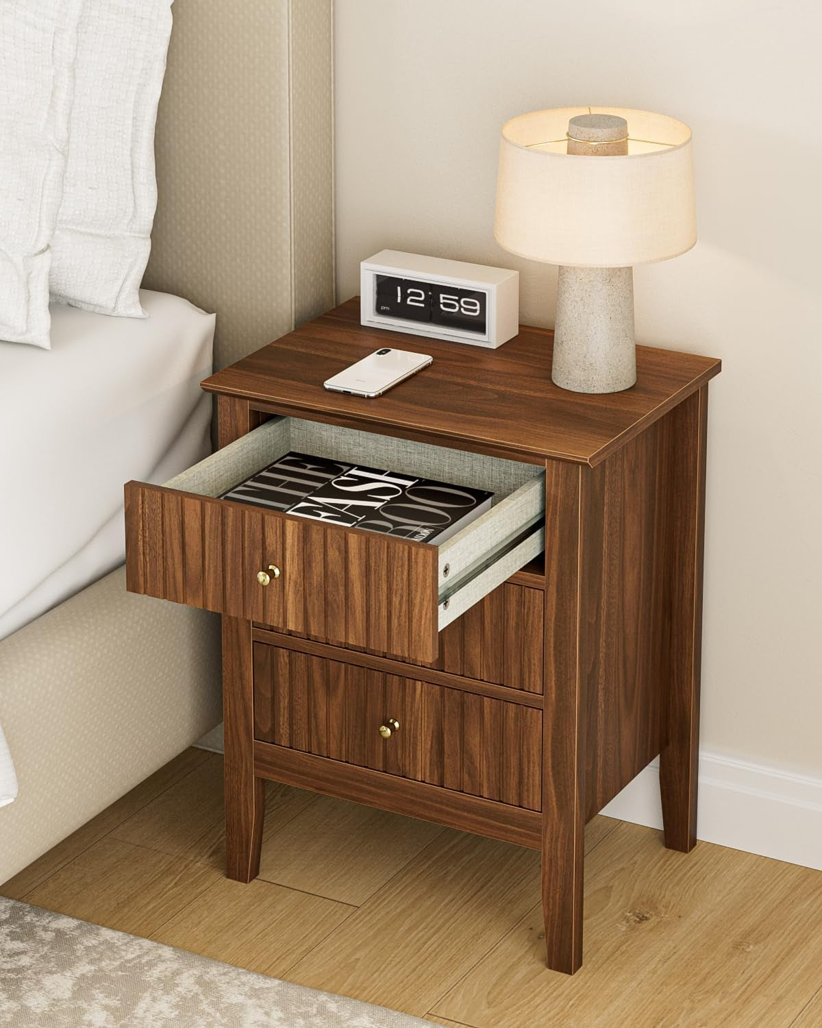 Night Stand, Fluted Nightstand Bedside Tall Farmhouse Nightstand with 3 Drawers,