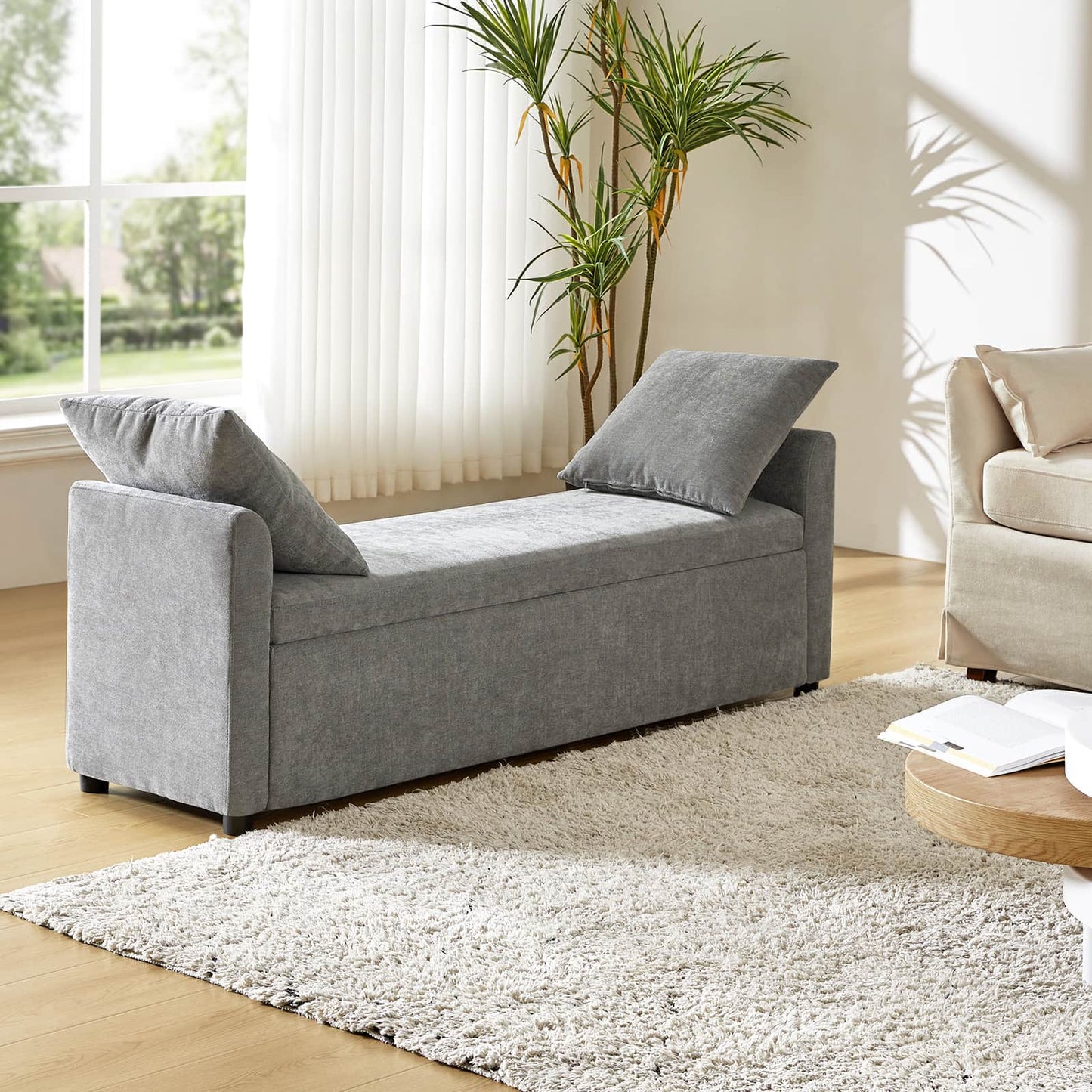 Benito 59.4" Wide End of Bed Storage Couch Bench with Two Throw Pillows