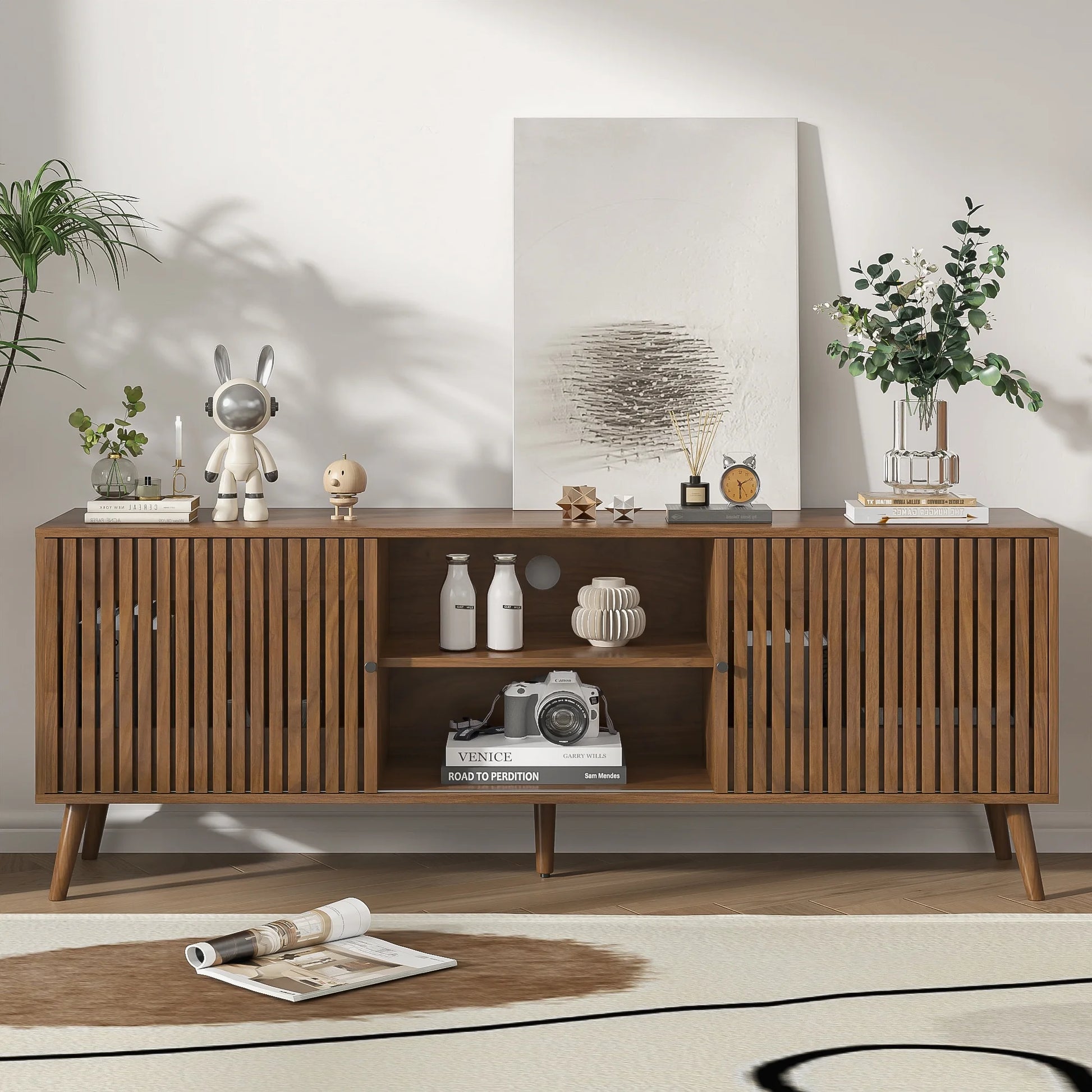 Mid-Century Modern TV Stand for Tvs up to 70”, Sliding Door Wood Entertainment Center with Storage, Walnut