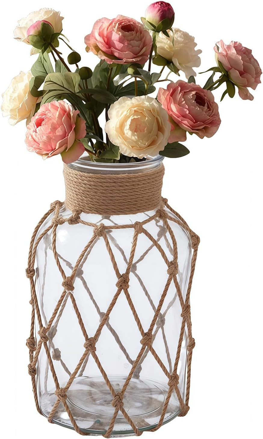 Clear Glass Flower Vase with Rope Detailing - 8x16 cm (3x6.3 inches) Decorative Woven Bud Vase for Table Centerpieces and Home Decor (Flowers Not Included)