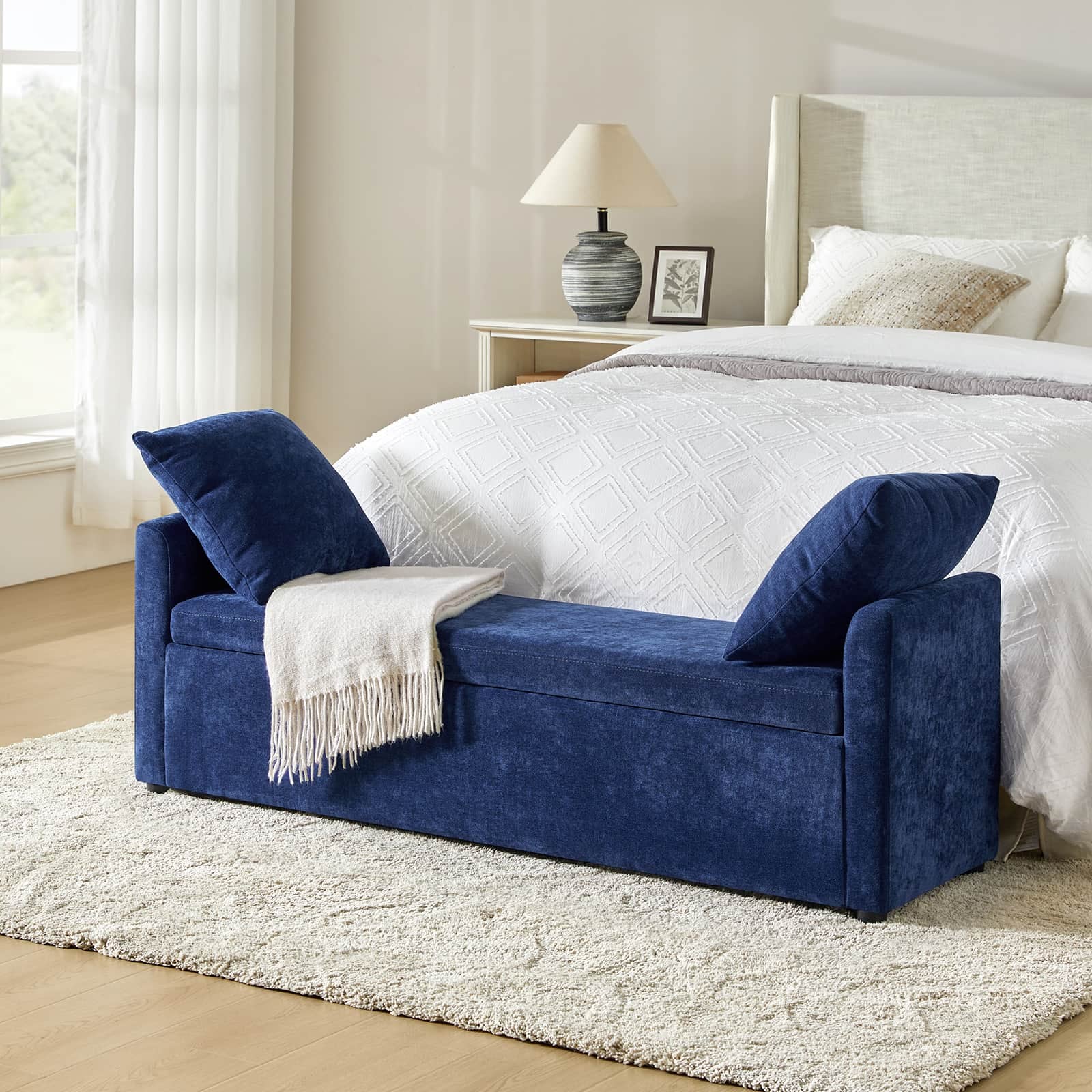 Benito 59.4" Wide End of Bed Storage Couch Bench with Two Throw Pillows