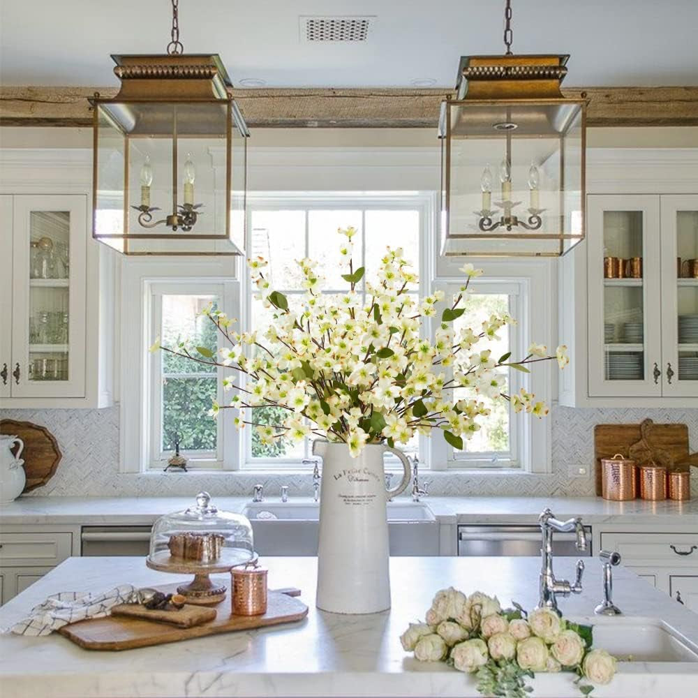 Artificial Flowers Blossom Stems Dogwood Silk Flowers Fake Cornus Bush for Home Decoration Table Centerpieces, 8 PCS (White)