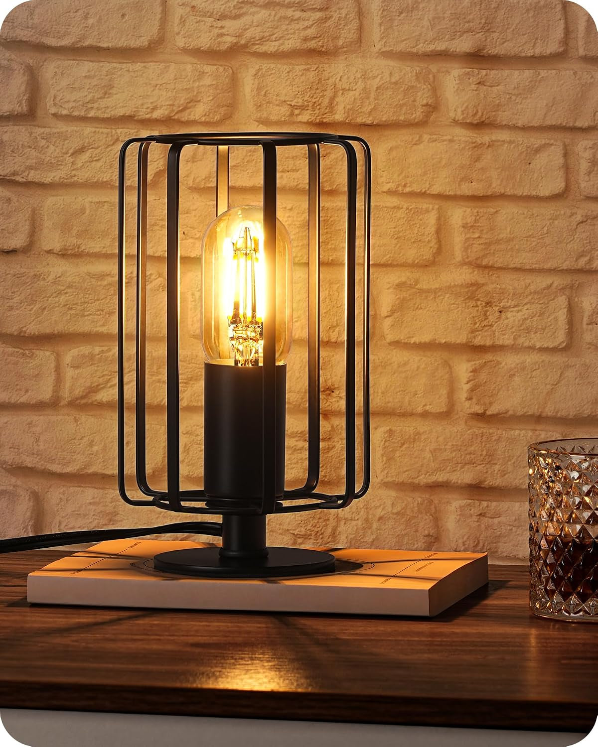 Dimmable Industrial Table Lamp with 2400K Warm White Bulb, Black Vintage Cage Design, Ideal for Bedroom and Living Room Nightstands, Compact Size B05TL05