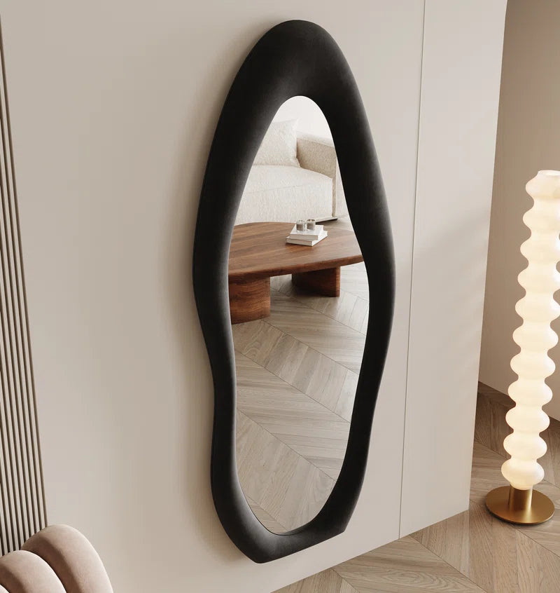 Full Length Mirror 63"X24", Irregular Wavy Mirror, Arched Floor Mirror, Wall Mirror Standing Hanging or Leaning against Wall for Bedroom, Flannel Wrapped Wooden Frame Mirror