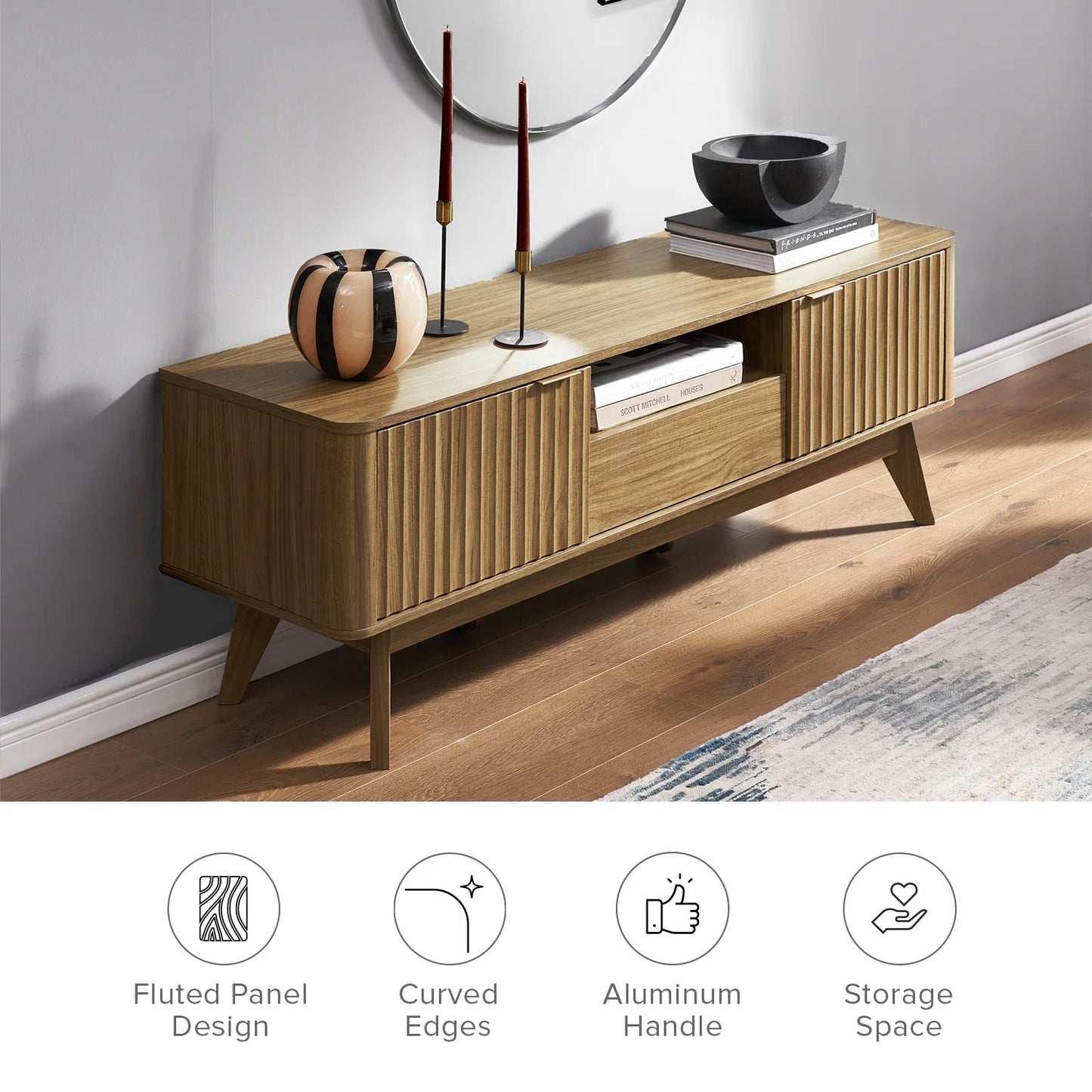 Brooklyn Mid-Century Modern 57" TV Stand for Tvs up to 59”, Fluted Panel, Sturdy Legs (Walnut)