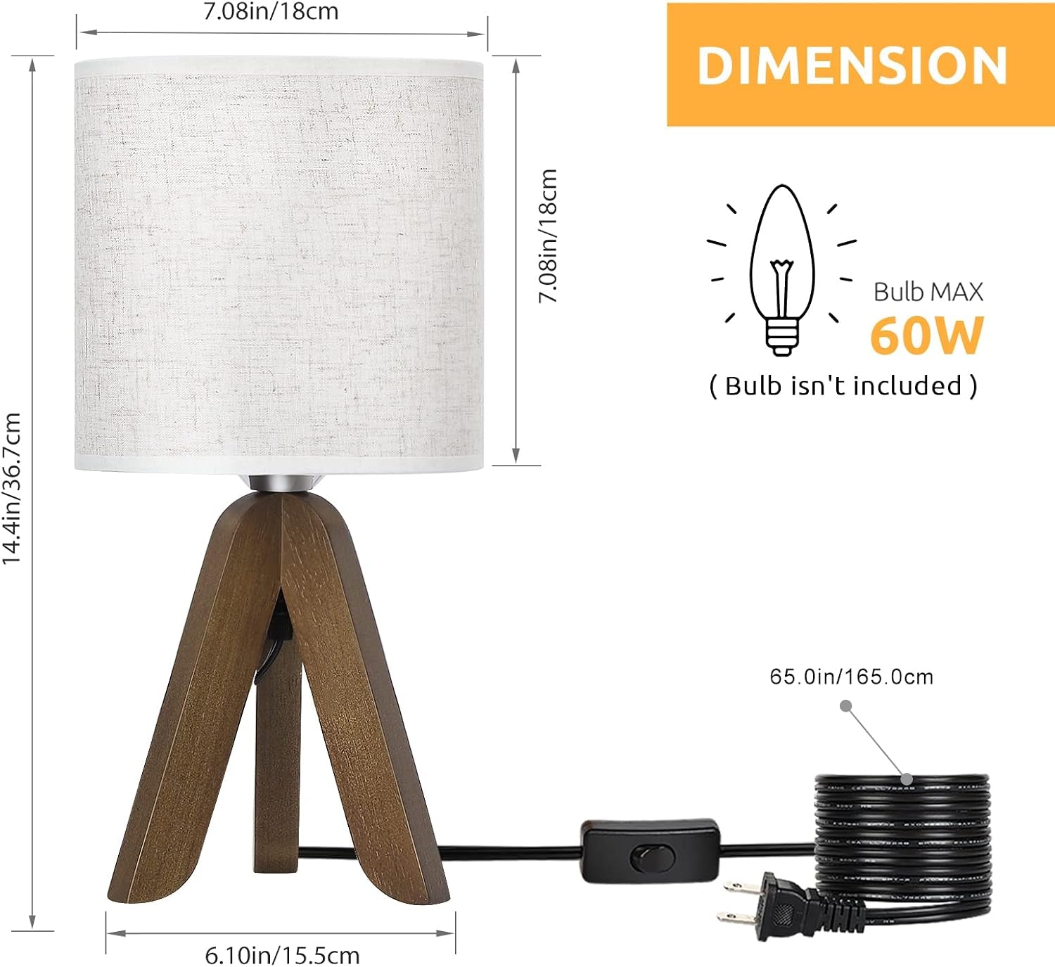 Wooden Tripod Table Lamp with Brown Base and Linen Fabric Shade - Compact Nightstand Lamp for Bedroom, Kids Room, Nursery, and Dorm