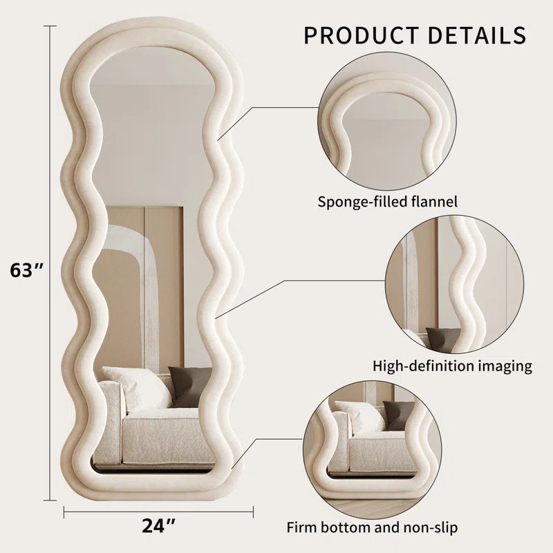 Christye Full Length Mirror 63"X24", Irregular Wavy Mirror, Arched Floor Mirror, Wall Mirror Standing Hanging or Leaning against Wall for Bedroom, Flannel Wrapped Wooden Frame Mirror