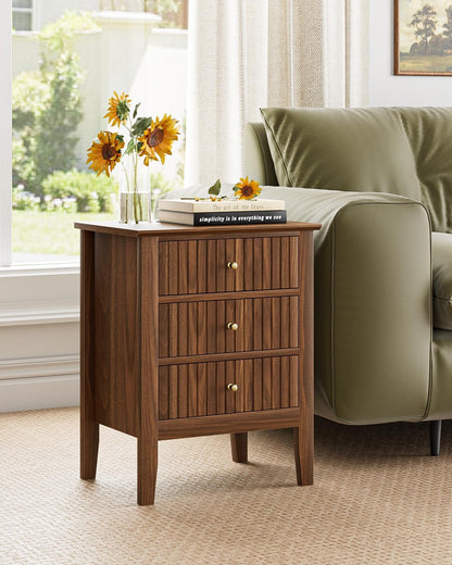 Night Stand, Fluted Nightstand Bedside Tall Farmhouse Nightstand with 3 Drawers,