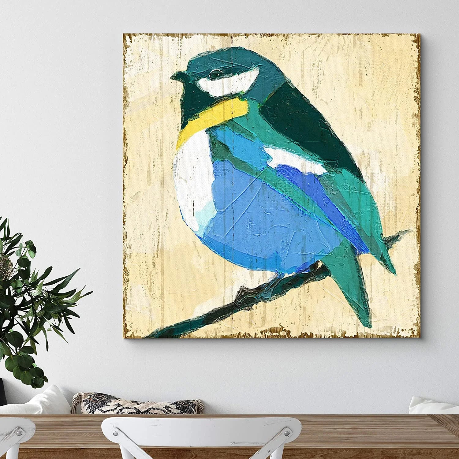 Canvas Print Wall Art Geometric Style Blue & Yellow Robin Birds Wildlife Illustrations Modern Art Rustic Closeup Colorful Multicolor Ultra for Living Room, Bedroom, Office - 24"X24"